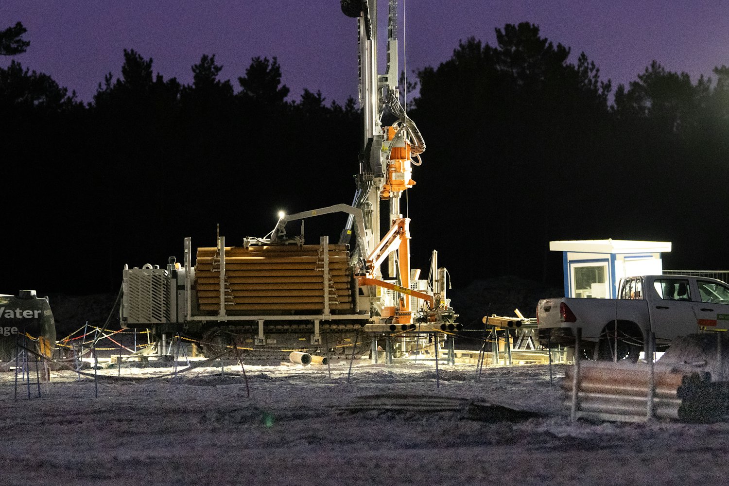 Mobile surveillance unit deployed on site at dusk